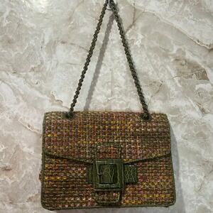The Limited Tweed Shoulder Bag Green Chain Strap Buckle‎ Flap Purse